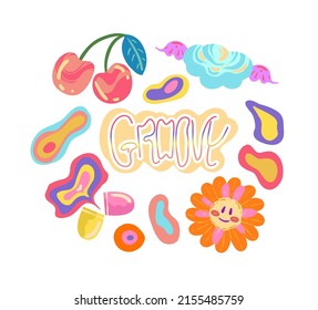 Groovy retro style. Vector illustration. Hippie elements. Various stickers, cherries, cloud, chamomile, vitamin. Postcards, stickers, posters. Cartoon style