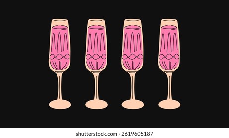 Groovy retro summer drinks — playful hand-drawn cocktails in funky glasses, drinkware, vessels, flutes, goblets, cups, and tumblers