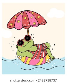Groovy Retro Summer Frog on swim ring cartoon character Summer Beach vibe drawing doodle