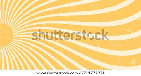 Groovy retro sun burst forms bold yellow and orange wave. Ray shape and grungy texture give an abstract y2k sunshine effect. Horizontal background for vintage summer creative poster themes.