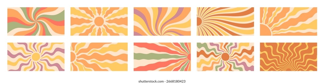 Padrão de explosão solar retro Groovy definido com formas laranja, amarela e redemoinho. Plano de fundo gráfico y2k Sunshine com elementos de explosão ondulada do sol. Layout horizontal perfeito para decoração vibrante e vintage