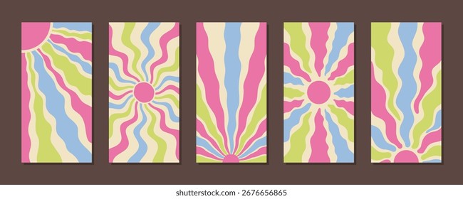 Groovy retro estampado de estallido de sol con Elementos ondulados abstractos crea un fondo de Vertical vibrante en el estilo clásico y2k. Gráfico solar plano agrega energía, ideal para moderno o de moda