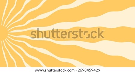 Groovy retro sun burst pattern background with sunshine and bold orange sun rays fills this horizontal image. Yellow and orange beam accents add y2k, vintage style for trendy interior or summer