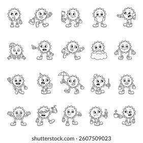 Groovy retro sun characters in cartoon outline vintage funny expressive style with emotions gestures objects activities and holiday elements