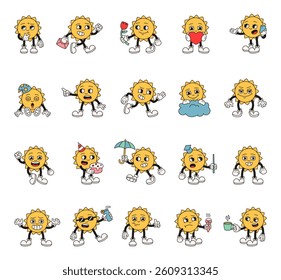 Groovy retro sun characters in cartoon outline vintage funny expressive style with emotions gestures objects activities and holiday elements
