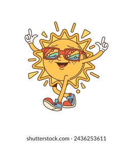 Groovy retro sun comical cartoon character. Hippie funny sun personage, groovy cheerful mascot sticker or 60s isolated vector happy character. Vintage shining star personage walking in sunglasses