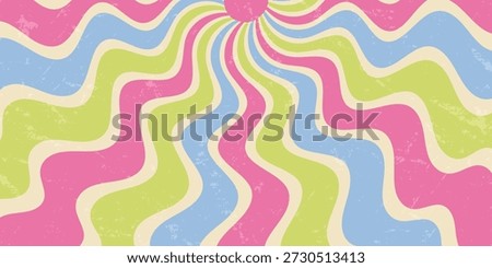 Groovy retro sun with psychedelic wavy pattern and grunge color style. Sunshine flows in a vibrant y2k grungy background. Horizontal format highlights a unique and bold vintage effect for creative