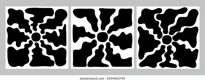 Groovy retro sun and sunbeams set in monochrome colors. Black groovy doodle sunburst. Hippie 60s, 70s style. Vector illustration