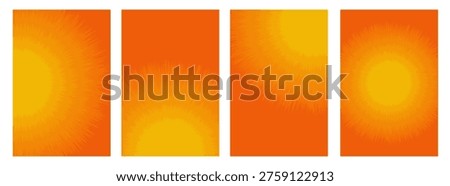 Groovy Retro Sunburst Background with Radial Spikes. Orange Yellow Gradient Summer Energy Vector Design set