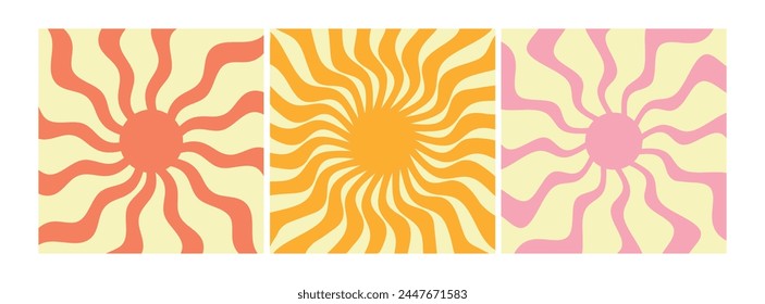 Groovy retro sunburst set. Groovy sun with twisted and distorted rays. Hippie 60s, 70s style. Vector illustration