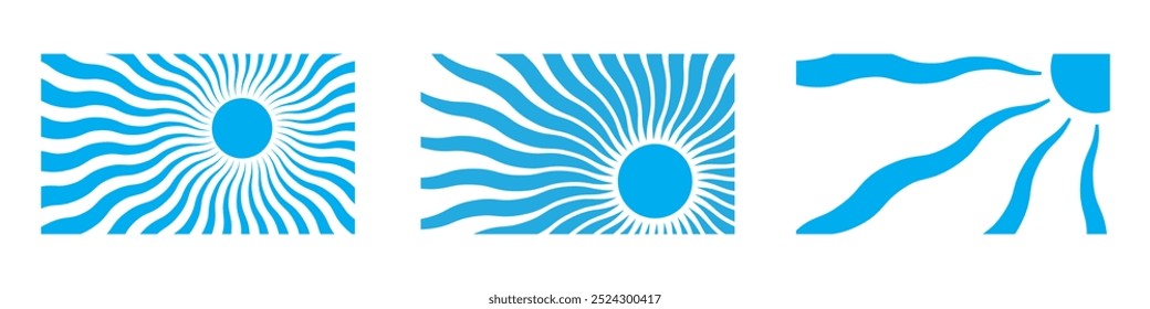 Groovy retro sunburst set. Groovy sun with twisted and distorted rays. Hippie 60s, 70s style. Vector illustration