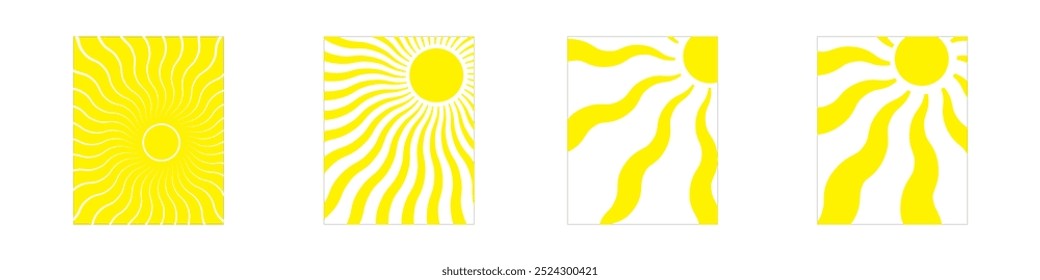 Groovy retro sunburst set. Groovy sun with twisted and distorted rays. Hippie 60s, 70s style. Vector illustration