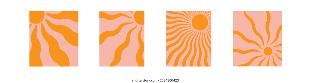 Groovy retro sunburst set. Groovy sun with twisted and distorted rays. Hippie 60s, 70s style. Vector illustration