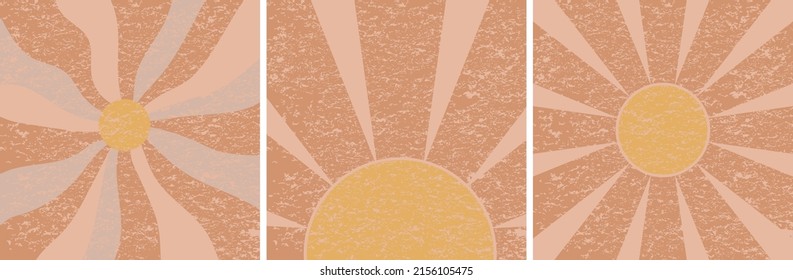Groovy retro sunshine cards set. Groovy sun rays background collection. Retro 70s vintage textured design. Hippie sun Groovy striped background rays on center. Sunburst vintage vector illustration.