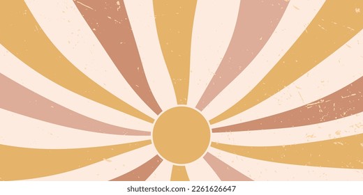 Groovy retro sunshine poster. Groovy sun pastel background, wall art , retro 70s . Groovy striped background rays on center. Pastel vector illustration.