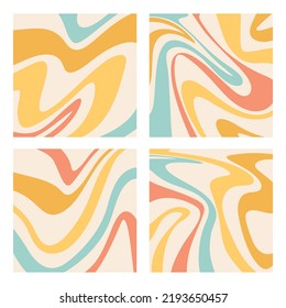 Groovy retro swirl background set. Psychedelic square banner. Vector illustration.