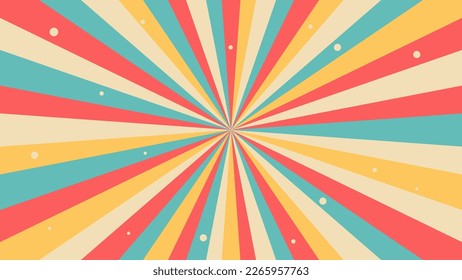 Groovy retro swirl burst, summer and carnival background. Retro background with color sunburst or starburst. Pattern with vintage color palette, swirl stripes.