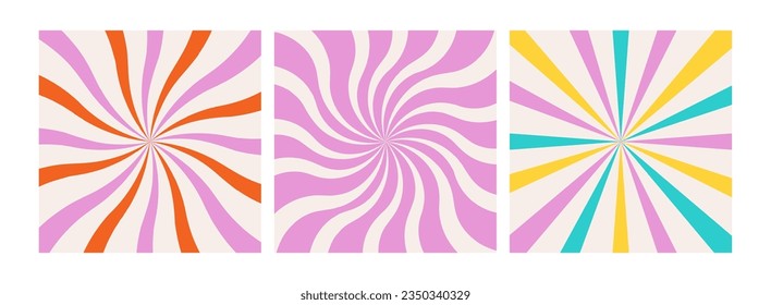 Groovy retro swirl burst, summer and carnival backgrounds. Set sunburst backgrounds in 1970s 1960s hippie style. Carnival wallpaper patterns. Psychedelic poster collection. Vector illustration.