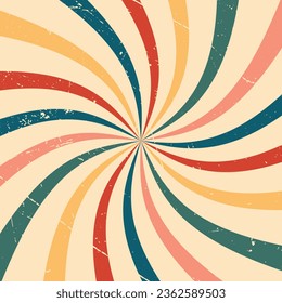 Groovy retro swirl sun burst vintage banner background vector. Vintage color tones on cream background with oldie texture. Use for background, website, wallpaper. Vector Ilustration
