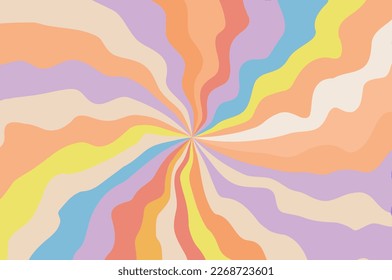 Groovy retro swirl sunburst with rays or stripes in the center retro 60s 70s. Summer sunshine and carnival background. Pastel color. Vector.