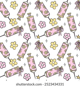 Groovy retro seringa enfermeiro ferramentas médicas padrão de emenda bonito Doodle Desenho animado repetir fundo 