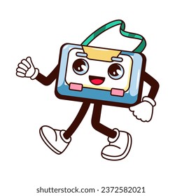 Groovy retro tape cassette character vector illustration. Cartoon isolated cute psychedelic mascot of 80s and 90s technology to play and record music, plastic cassette with arms and legs walking