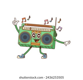 Groovy retro tape recorder cartoon character. Hippie happy character, vintage cheerful boombox personage or retro funny music player isolated vector sticker. Cute dancing tape recorder 60s mascot