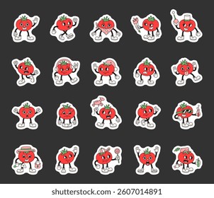 Groovy retro tomato characters in cartoon outline vintage funny expressive style with emotions costumes gestures professions and holiday elements