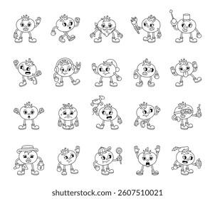 Groovy retro tomato characters in cartoon outline vintage funny expressive style with emotions costumes gestures professions and holiday elements