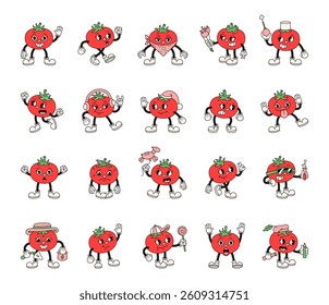 Groovy retro tomato characters in cartoon outline vintage funny expressive style with emotions costumes gestures professions and holiday elements