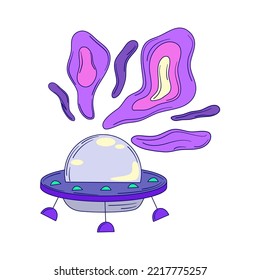 Groovy retro trippy alien ufo isolated. Retro groovy magic ufo with smoke. Acid neon hippy vector. Trippy psychedelic design