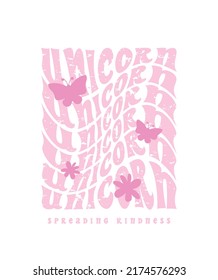 Texto del lema Groovy retro unicornio con dibujos de mariposas y flores rosadas. Diseño de ilustraciones vectoriales para gráficos de moda, estampados de camisetas.