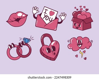 Groovy Retro Valentine s Day love and hearts mascots,ring,gift box love,kisses,love letter