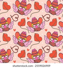 Groovy Retro Valentine Seamless Pattern Cowboy Cupid Western cartoon isolated on background