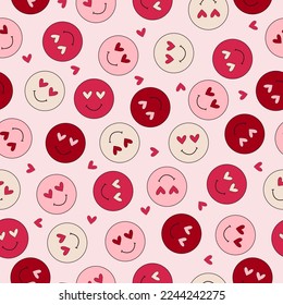 Groovy Retro Valentine's Day love smiles and hearts vector seamless pattern, digital paper repeating background. Pink, magenta hearts Valentines day love paper for textile, fabric, wrapping