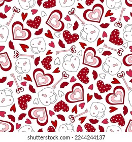 Groovy Retro Valentine's Day love and hearts vector seamless pattern, digital paper repeating background. Pink, magenta hearts Valentines day love paper for textile, fabric, wrapping,stationery design