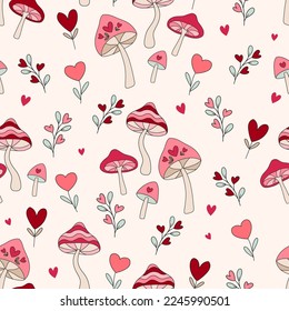 Groovy Retro Valentine's Day love and hearts vector seamless pattern, digital paper repeating background. Mushrooms Valentines day love paper for textile, fabric, wrapping, stationery design