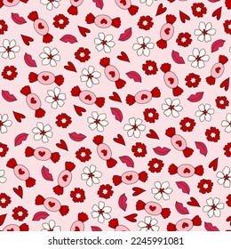 Groovy Retro Valentine's Day love and hearts vector seamless pattern, digital paper repeating background. Pink, magenta hearts Valentines day love paper for textile, fabric, wrapping,stationery design