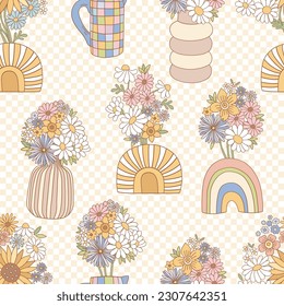 Groovy retro vase with floral bouquet vector seamless pattern. Flower power summer background.