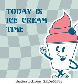 Groovy retro vector poster with ice cream cup character sticker on checkered background. Fast food cartoon design illustration, trendy sticker, branding identity for web.