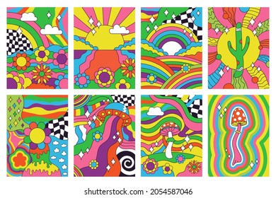 Groovy retro vibes, 70s hippie style psychedelic art posters. Abstract psychedelic hippie rainbow landscape 60s posters vector illustration set. Hippie style retro covers. Psychedelic vintage posters