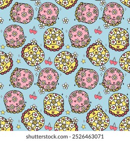 Groovy Retro Vintage Cake seamless pattern hand drawn doodle isolated on background