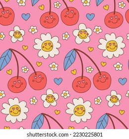 Groovy retro vintage Valentine s day seamless pattern in 60s-70s style.Hippie background with lovely flower and cherry characters. Linear vector illustration.