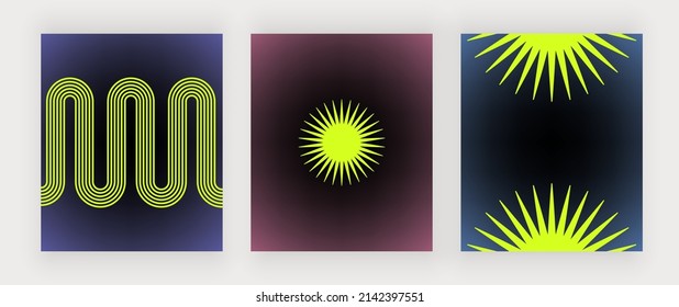 Groovy retro wall art prints with boho light green and black shapes