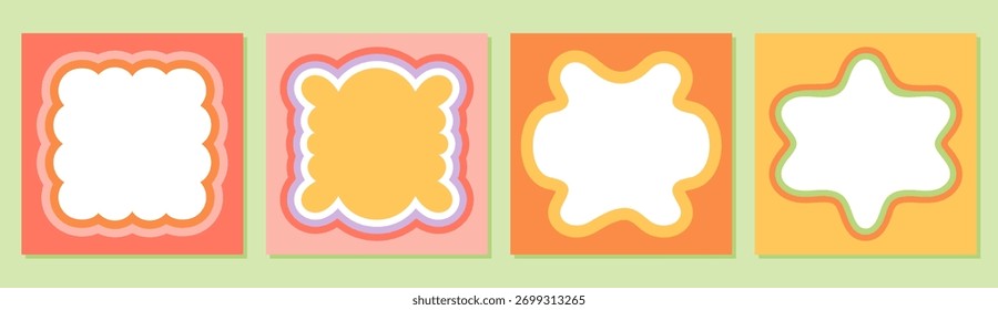 Groovy retro wavy rectangle frame set in colorful style. Bold outline and graphic shape create abstract border. Modern y2k background for creative set and trendy design elements.