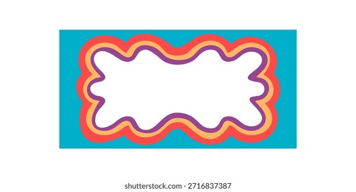 Groovy marco de rectángulo ondulado retro aparece con etiqueta de dibujos animados pop funky como borde colorido. Fondo ondulado y estilo y2k, forma de rectángulo para conceptos coloridos de moda y uso de etiquetas divertidas.