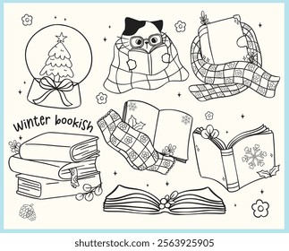 Groovy Retro Winter Bookish reading book outline Element Illustration Hand Drawn Doodle Clipart Set