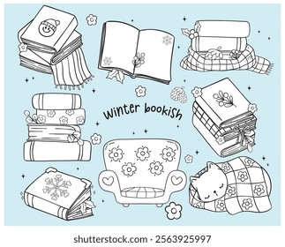 Groovy Retro Winter Bookish reading book Coloring Image Element Illustration Hand Drawn Doodle Clipart Set