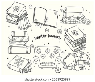 Groovy Retro Winter Bookish reading book Outline Element Illustration Hand Drawn Doodle Clipart Set