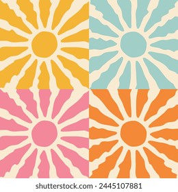 Groovy retro yellow blue pink orange sunburst starburst with ray of light. Background set with sun in 60s, 70s hippie style. Trendy colorful graphic print. Sunny template. Flat design. Vector
